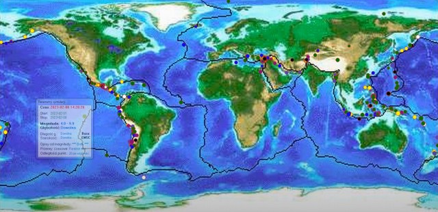 Głębokości trzęsień ziemi pogrupowane magnitudami w ciągu ostatnich prawie 2 miesięcy, ostatnie 8 dni trzęsień ziemi w MIDI